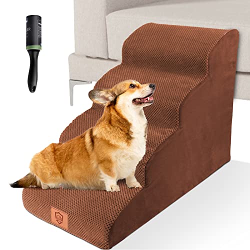 ZNM Dog Steps, 4-Steps Dog Stairs for Sofa with Removable Corduroy Cover, High Density Foam Pet Steps with Non-slip Bottom, Waterproof Pet Stairs for Dogs and Cats - Send Sticky Lint Roller, Brown