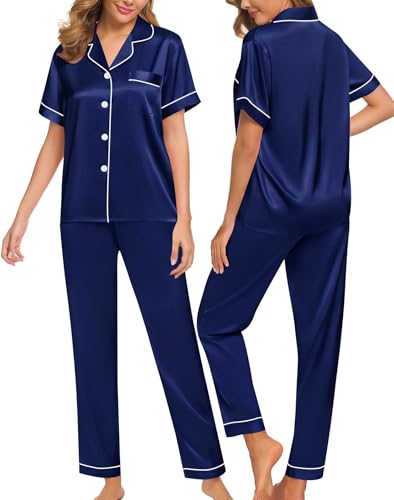 Image of SWOMOG Women Satin Pajamas Set Short Sleeve Top & Pants Sleepwear Silky Button Down Nightwear 2pcs Loungewear Pjs Set