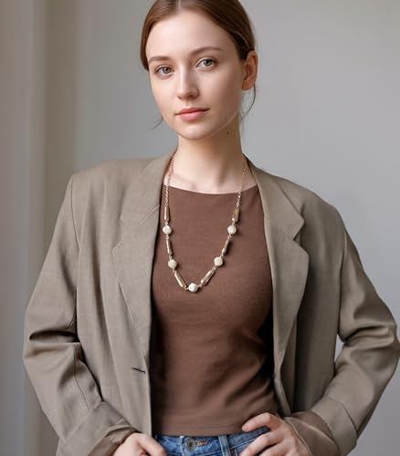 Dazylleco Lange Kette Gold Damen Kette Statement Lang mit Perlen Große Modeschmuck Geschenke für Mama(106-Beige)