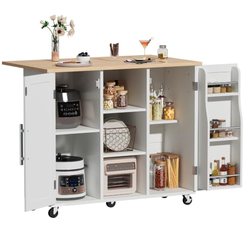 DUMOS 42in Rolling Kitchen Cart on Wheels with Drop Leaf & Storage