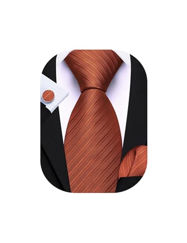Image of Barry.Wang Solid Striped Tie for Men Silk Necktie Pocket Square Cufflinks Formal Wedding Party Business