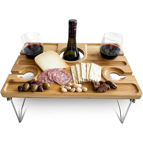 ECCRIS Outdoor Wine Picnic Table, Folding Portable Wood Tray with