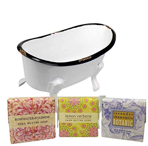 Mini Metal Bathtub Soap Set with 3 Shea Butter Moisturizing Soaps (Multi Rustic White)