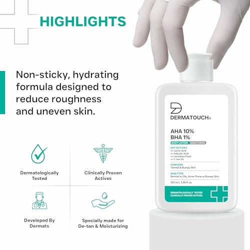 Image of DERMATOUCH AHA 10% BHA 1% Body Lotion For Men and Women | Body lotion For Dry Skin - De-tan, Moisturizing & Bumpy Skin | Suitable For All Skin Types | 100ml (Pack of 2)