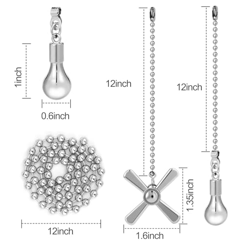 JiA QAQ Ceiling Fan Pull Chain Ornaments, 13.6 Inches Fan Pulls Extension Chains Set, Decorative Metal Light Bulb and Fan Cord, Ultra Long 3mm Diameter Beaded Ball Pull Chains for Lamp