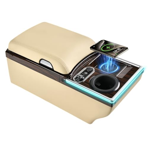 Image of Coverado Center Console, Universal Bench Seat Center Console with Wireless Charging & Cup Holder & 7 Light Modes, Truck Back Seat Car Organizer, Rear Central Car Armrest Box with Storage, Beige