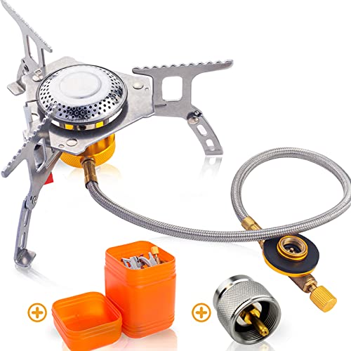 Striludo Backpacking Stove,Portable Camping Stove, Camp Stove, Foldable Gas Stove,Lightweight, Mini, Ultralight, 3500W with Piezo Ignition,Cooking System for Outdoor, Camping, Hiking, Picnic, Mountaineering,BBQ (With Adapter)