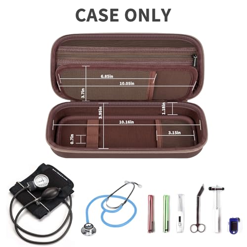 Image of Stethoscope Case for 3M Littmann Classic III and BP Cuff-Brown | Also Fits Paramed, for FriCARE and for Scienlodic; Layered Pockets Organize Medical Tools, Case Only
