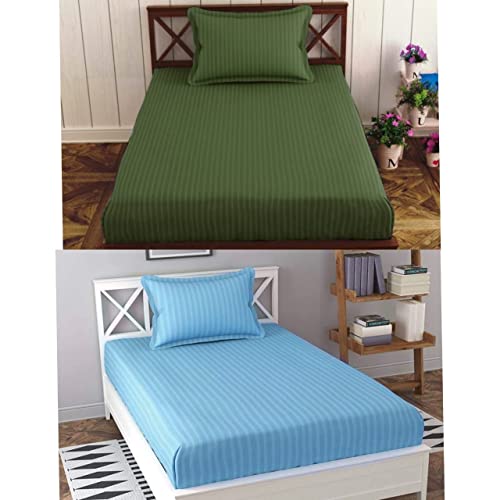 Image of Prime Collection 295 TC Combo Pack of 2 Single Sized (90x60) Satin Striped Bedsheet with 2 Pillow Cover Long Lasting Single Bedsheet for Hotel, Hospital and Home Use