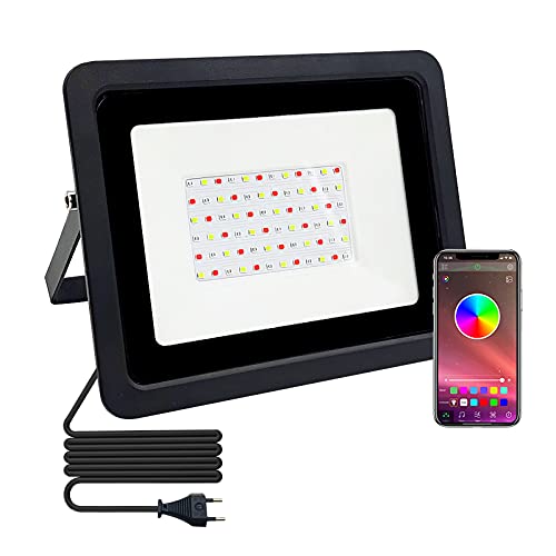 RGB LED Strahler 100W, Smart Farbwechsel LED Fluter, Bluetooth APP Steuerung Musik Rhythmus Atmosphärenlicht, Superhell IP66 Wasserdicht Wandleuchte Flutlichtstrahler für Garten Hof Party (100W) Cover