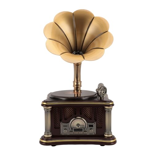 Plyisty Tocadiscos Retro Tocadiscos Altavoz con Gramófono Vintage Altavoz 2000mAh, Radio FM y Control Remoto, Sonido de Alta Fidelidad (Brown)