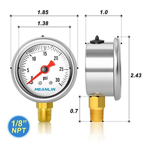 Meanlin Measure 0~30Psi Stainless Steel 1/8" Npt 1.5" Face Dial, Glycerin Filled Fuel Pressure Gauge, Liquid Filled, Water Oil Gas, Lower Mount, With 1/8" X 1/4" Npt And 1/8" X 3/8" Npt Hex Bushing #TOP1
