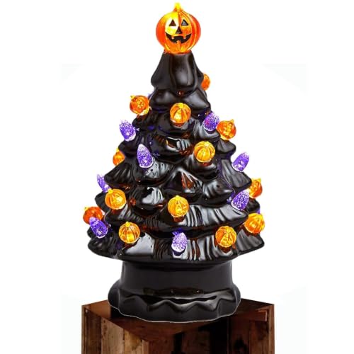 Árbol negro de Halloween de cerámica con luces y decoración de calabaza para mesa 7