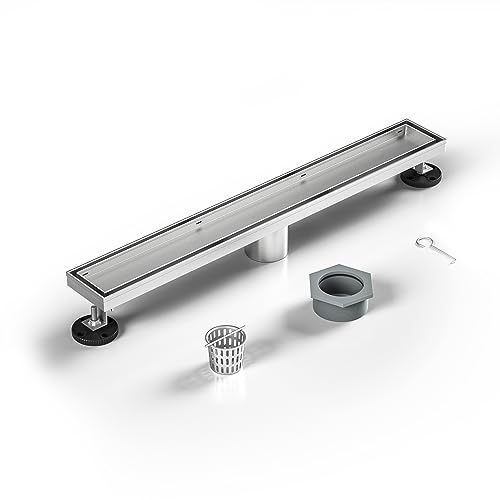 Image of Linear Shower Drain 20 inch Brushed 304 Stainless Steel | Fast Drainage | Tile Inserted | Stainless Floor Drain Grate | Hair Strainer | Drain Key | The Upgrade for Your Bathroom