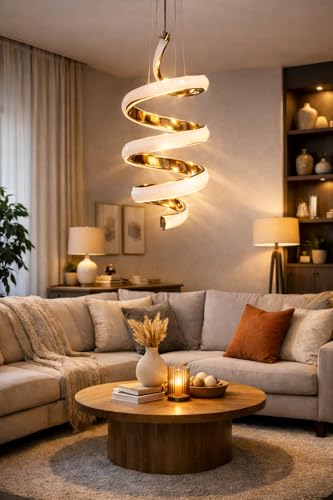 Image of Modern Gold Finish Spiral Shape Energy Saving Led Globe Pendant Hanging with 3 Different Color Mode (Warm White, Cool White, Neutral White) for Bedroom, Living Room, Restaurants, Dining, Home