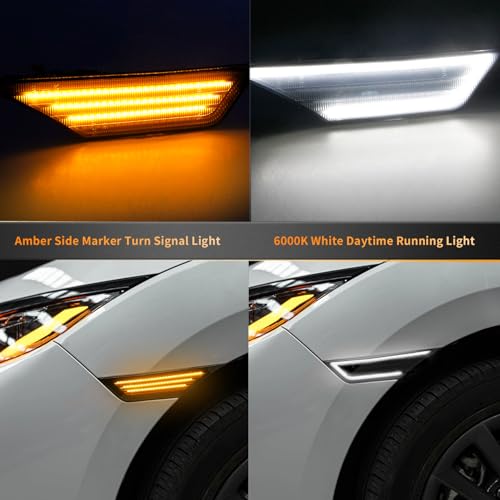 HERCOO Side Marker Turn Signal Lights LED Daytime Running Light, Switchback White & Amber Fender Sidemarker Smoke Lens Lamp Assembly Compatible with Honda Civic 10 Gen 2016-2021, Pack of 2