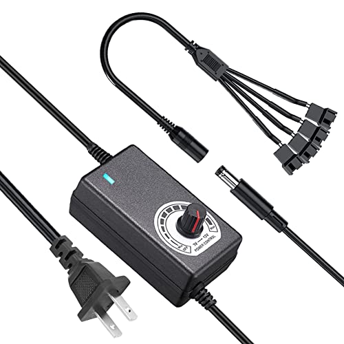 Delinx 36W 12V PC Fan Power Supply,4 Cooling Fan Speed Controller,100-240vAC to 3-12vDC Adjustable 3A Power Adapter,with Fan Splitter Cable,DC Female to 4 x 3/4 Pin, Multi-Functional