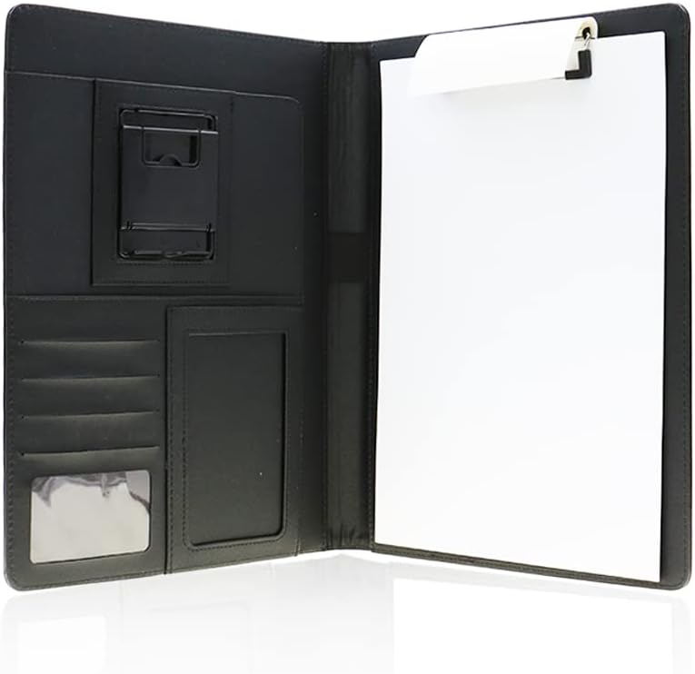 A4 Clipboard Folder Conference Folder - Black Personal Organiser Folder with Clipboard, File Sleeve, Card Holder, Pockets for Office Work