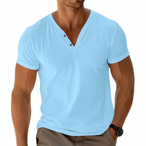 Hommes Henley T-Shirt Basic Tees Manches Courtes Hauts Décontracté Chemise Coton Bouton Col en V Léger Bleu Clair XXXL