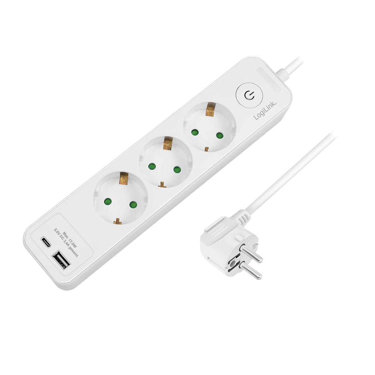 LogiLink LPS279U - Steckdosenleiste 3-Fach + Schalter, 3X Schutzkontaktbuchsen (CEE 7/3) in 45° Anordnung, 1x USB-A, 1x USB-C, 1,5 m