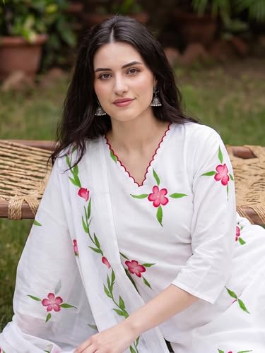 Image of INDO ERA Women's Pure Cotton Floral Printed Thread Work Kurta & Pant with Dupatta Set | Cotton Kurta Set For Woman