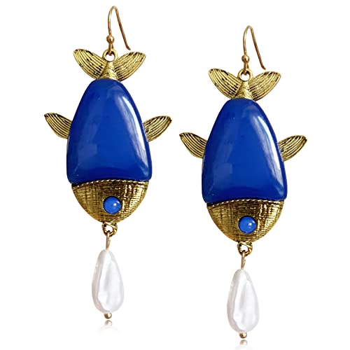 Handmade Vintage Gold Bohemian Big Blue Stone Fish Dangle Drop Earrings Elegant Chic Sea Ocean Animal Fish Hook Earring with Pearl for Women Girls Hypoallergenic Jewelry Gifts (Blue)