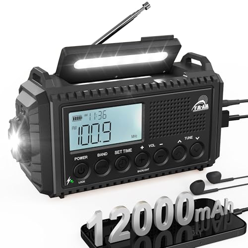 Kurbelradio mit Solar & 12000mAh Powerbank | AM/FM/SW...
