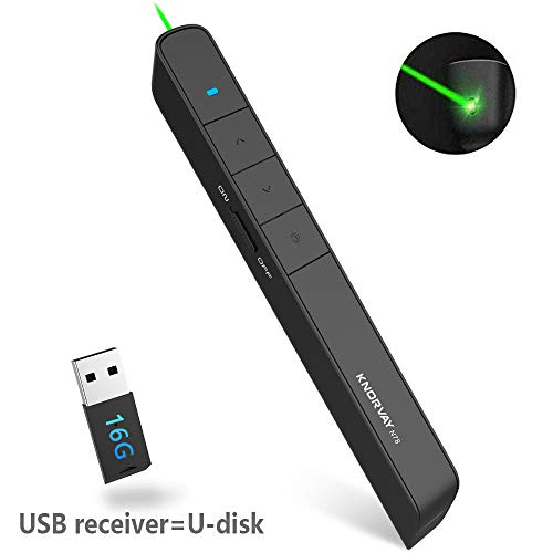 KNORVAY N78 Puntero Láser Verde con Memoria de 16GB, Presentador Inalámbrico de 2.4GHz PowerPoint Clicker Recargable Para Presentación Control Remoto de Alcance de 100M