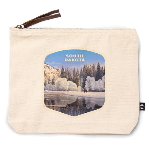 Lantern Press South Dakota, Lithograph, Lone Deer by Snowy Lake, 100% Cotton Zipper Pouch, Travel Accessory, Go Bag