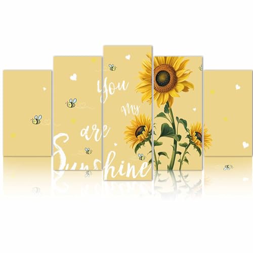 Shine-Home 5 Piece Wall Art, Yellow Sunshine Sunflower Canvas for