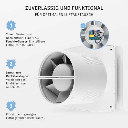 calimaero® BREEZE Badlüfter 150mm Mit Nachlauf Und Rückstauklappe, Badlüfter Mit Feuchtigkeitssensor, Energieeffizient, Leise, Kunststoff 18W, 240m³/h, 35db, Ipx4