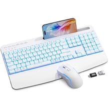 White Keyboard and Mouse Wireless Combo, 4000mAh Rechargeable Backlit Quiet Keyboards mice Set, USB Ergonomic Key Board with Wrist Rest & Phone Holder for PC, Mac, Windows, Natural Soft Typing