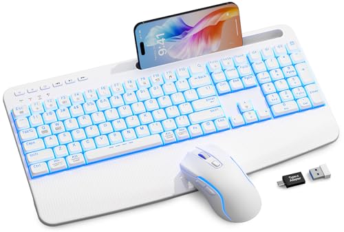 White Keyboard and Mouse Wireless Combo, 4000mAh Rechargeable Backlit Quiet