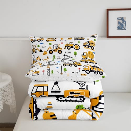 Image of Feelyou Construction Truck Bedding Set Kids Boys Cartoon Excavator Vehicle Tractor Cars Comforter Set Twin Size Machinery Equipment Duvet Insert Yellow Decor
