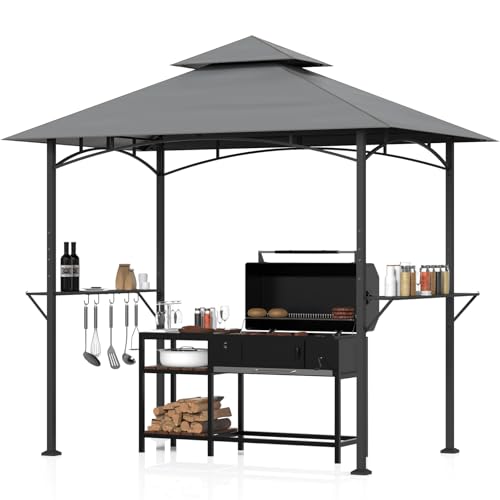 Huracan Grillpavillon mit Doppeldach Wetterfest Gartenpavillon Grillüberdachung Gartenlaube mit Seitenregalen und Haken UV-Schutz Belüftetes Dach Grillunterstand BBQ Pavillon Party 244x151x260cm