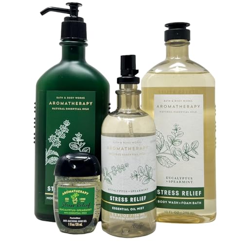Eucalyptus + Spearmint Stress Relief Gift Set - Includes Body Lotion, Body Wash + Foam Bath, Pillow Mist and Hand Gel - Full Size