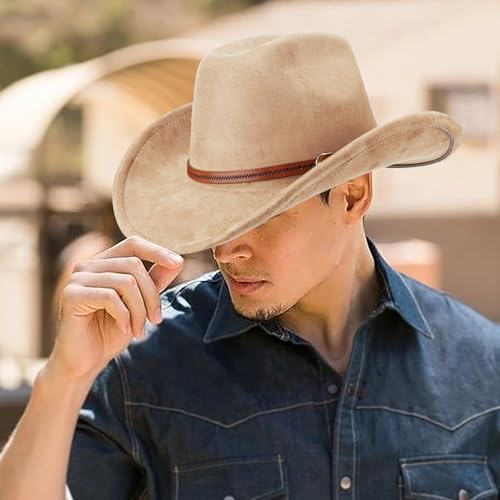 DRESHOW Cowboyhut für Damen & Herren Western Cowboyhut Cowgirlhut mit Breite Krempe und Schnallengürtel Unisex Aufrollbare Krempe Hut