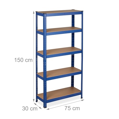 Relaxdays Schwerlastregal, HBT: 150 x 75 x 30 cm, Traglast: 875 kg, 5 Böden, zum Stecken, Keller & Garage, Stahl, blau