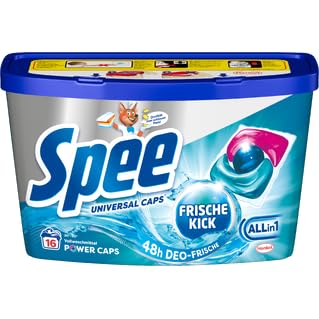 Spee Universal Power Caps Deo-Frische Kick Allin1 (8 × 16 Waschladungen), Vollwaschmittel verleiht Reinheit, Sauberkeit & Frische, Waschmittel Caps mit 48 h Fresh, geeignet von 20–95 °C