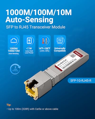 Image of 1.25G SFP to RJ45 Adapter | 1000BASE-T Copper SFP Module Transceiver | 1000 /100 /10M Auto-Sensing | Low Power <1W | Up to 100m with Cat5e Cable