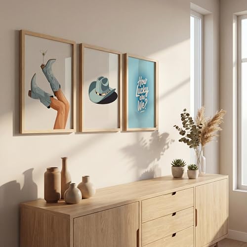 Image of NoWorries Cowboy Western Wall Art Framed Painting Set of 3 | Boots, Hat & inchHow Lucky Are We inch Quote Prints with Frame | Vintage Western Aesthetic Decor Frames | Rustic Country Wall Art for Living Room, Bedroom and Bar, Framed Artwork Ready to Hang (Art-5, 13x19inch, Wooden)