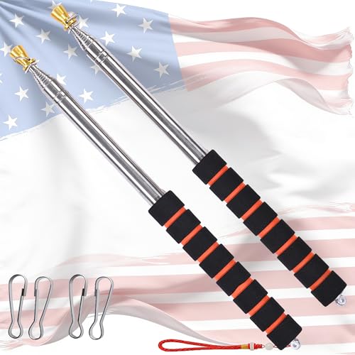 OQUQO 2 Pack Telescopic Handheld Flag Pole (8.2ft), Stainless Steel, Extendable Pointer Stick with Clips, Portable Teaching Tool