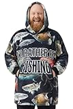 Huglanket Fishing Gifts for Men, I'd Rather Be Fishing Blanket Hoodie Wearable Hooded Blanket, One Size