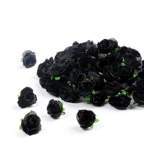 Sahoottie 100 Stück Schwarze Kunstrosen Köpfe 3CM Mini Kunstblumen Rosen Köpfe Schwarze Künstliche Rosen Blumen für Zuhause Hochzeit Party Festival Deko DIY Blumenwand
