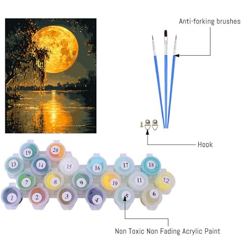 Image of Clendo DIY Moon Paint by Numbers Kit for Adults, Landscape Adult Paint by Number Kits on Canvas Without Frame, Lake View Oil Paint by Numbers for Home Decor Gift 16 inch W x 20 inchL