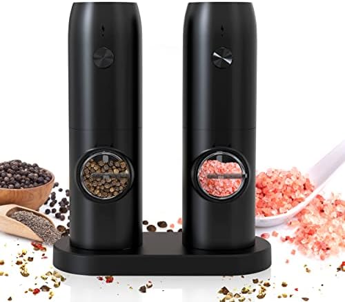 Rechargeable Electric Salt and Pepper Grinder Set, Refillable Spice Automatic Mill Shakers Set with Dual Charging Tray, Adjustable Coarseness & LED Light, One Hand Operation, Matte Black, 2 Pack