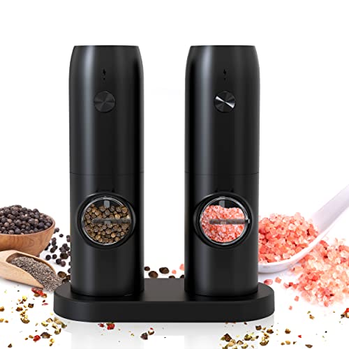 Rechargeable Electric Salt And Pepper Grinder Set, Refillable Spice Automatic Mill Shakers Set With Dual Charging Tray, Adjustable Coarseness & Led Light, One Hand Operation, Matte Black, 2 Pack #TOP1