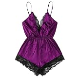 Women's V-Neck Lace Patchwork Bodysuit - Sexy Hollow Out with Sheer Mesh Panels, Lingerie for Fashion and Comfort Purple
