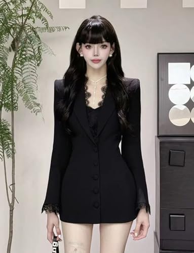 Women's Notch Lapel Single Breasted Blazer Elegant Lace Trim V Neck Work Office Mini Dress2