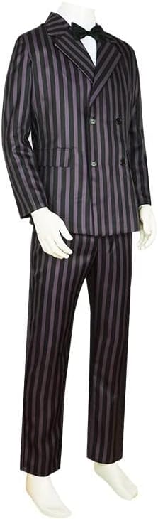 Adult Gomez Addams Costume Mens Gomez Cosplay Costume Black Striped Blazer Pants Shirt Tie Set (Men's 2XL, Uniform+Wig) - Image 4